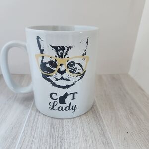 "Cat Lady" White Ceramic Coffee Mug, Cute Kitty Wearing Glasses Tri-Coastal 12oz